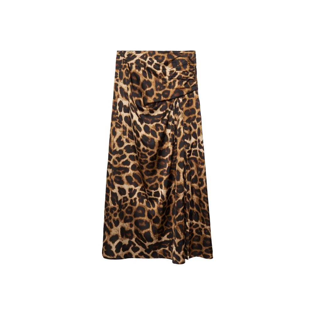Leopard Print High Waist Long Skirt Pleated Skirt Brown - Shop at LoveMi