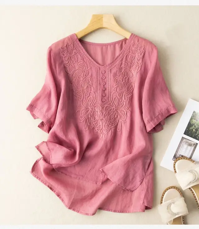 Women's Cotton Loose Embroidered Short sleeved T shirt Summer Rose Red - Shop at LoveMi