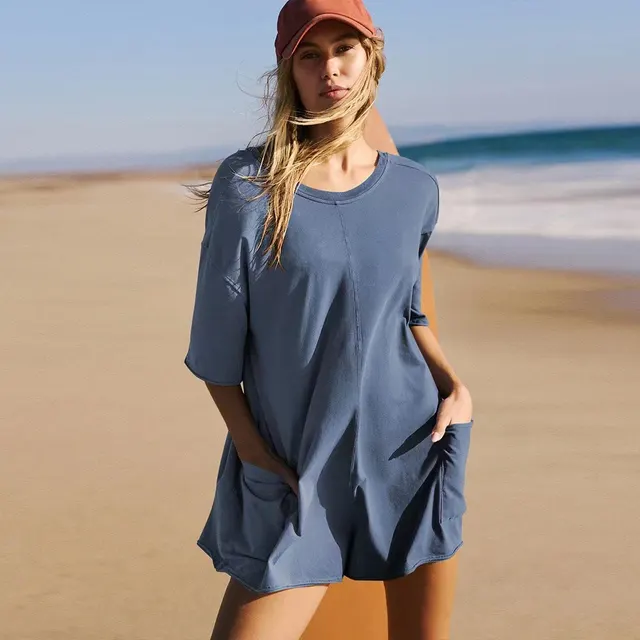 Women's Loose Short sleeved Shorts Jumpsuit Summer Casual Backless Beach Overall Pants With Pockets Peacock Blue - Shop at LoveMi