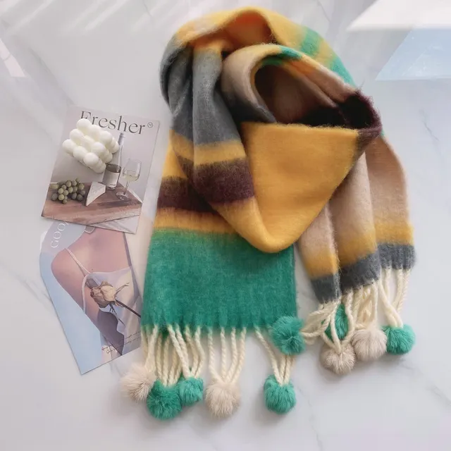Dopamine Rainbow Striped Rabbit Hair Ball Scarf For Women Passion Fruit Green Beige - Shop at LoveMi