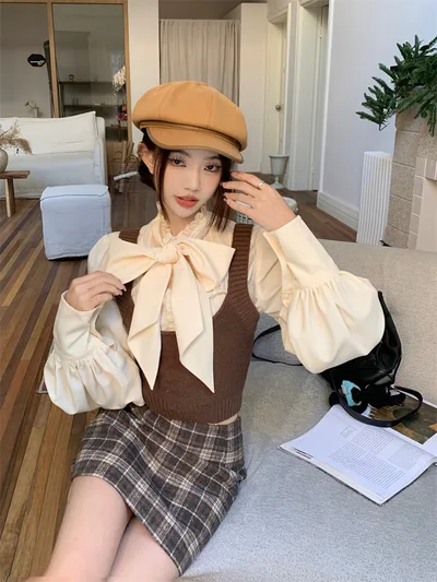 Wooden Ear Bow Lace up Long Sleeve Shirt Skirt - Shop at LoveMi