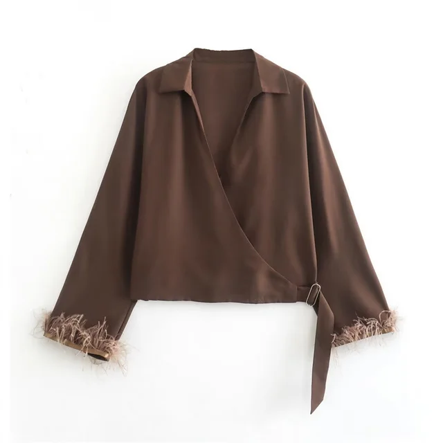 Fashion Women's Wear Cuff Feather Trim Short Silk Satin Shirt - Shop at LoveMi