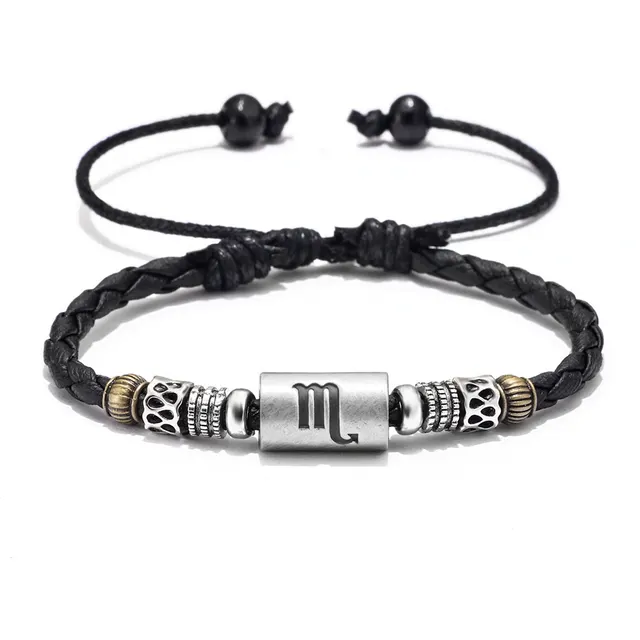Fashion Personality Trend Twelve Constellation Symbol Leather Rope Braided Rope Bracelet Antique Silver Scorpio - Shop at LoveMi
