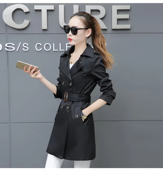 Slim Women Trench Coat Plus Size Mid length Black - Shop at LoveMi