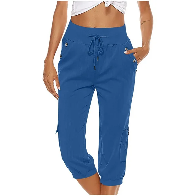 Women's Cropped Pants Cotton Linen Cargo Pocket Casual Pants Sapphire Blue - Shop at LoveMi