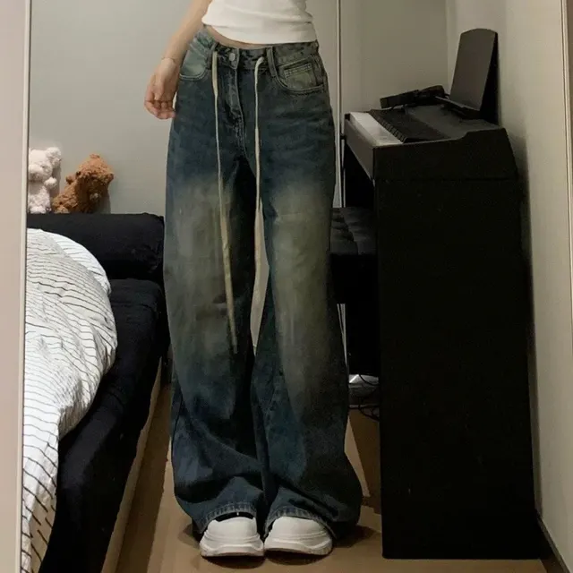 Straight Loose Slimming And Wide Leg All match Retro Washed Jeans Retro Blue - Shop at LoveMi