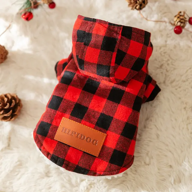 Pet Dog Classic Plaid Hooded Cotton padded Coat Drow Red Cell Pattern - Shop at LoveMi