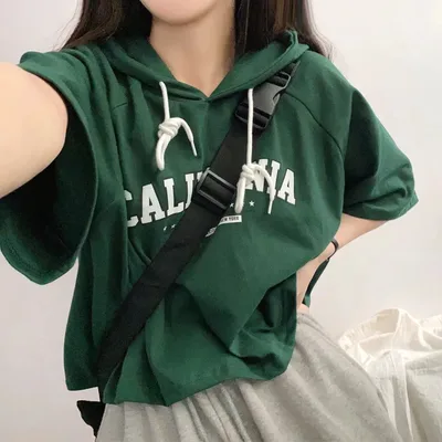 Casual Letter Hooded Short Sleeve Loose Half sleeved T shirt Top Green - Shop at LoveMi
