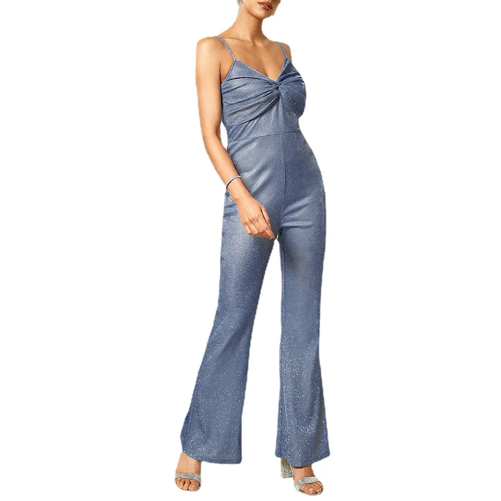 Women's Fashion Sequined Pleated Sling Backless Jumpsuit Blue - Shop at LoveMi
