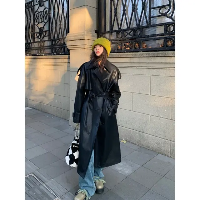 Advanced Sense Black Leather Coat Thick Loose Black - Shop at LoveMi
