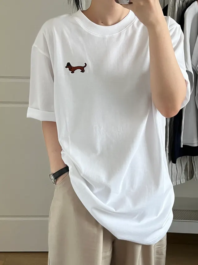Cotton Casual Loose Sausage Dog Short T shirt White - Shop at LoveMi