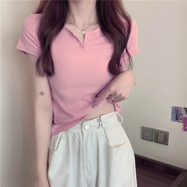 Short Women's Summer Design Slim Fit Midriff baring T shirt Pink - Shop at LoveMi
