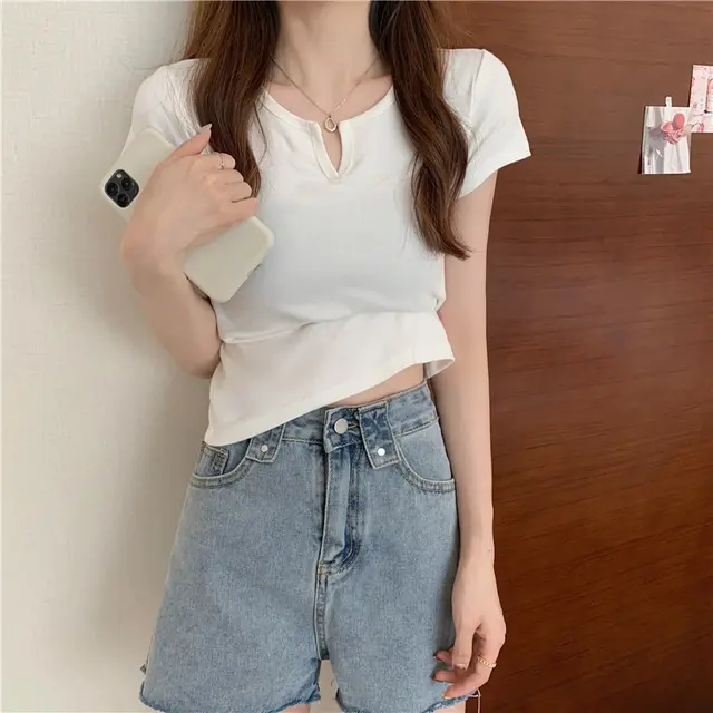 Short Women's Summer Design Slim Fit Midriff baring T shirt White - Shop at LoveMi