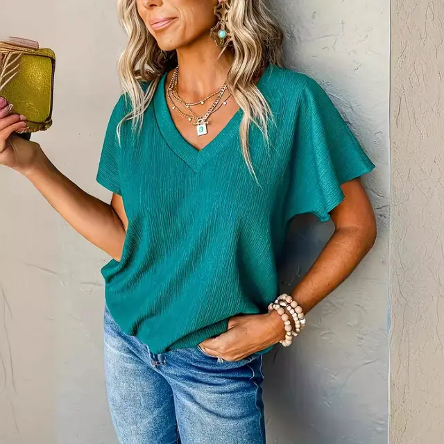 Solid Color And V neck Three quarter Sleeve Top For Women European American Simple Versatile Navy Blue - Shop at LoveMi