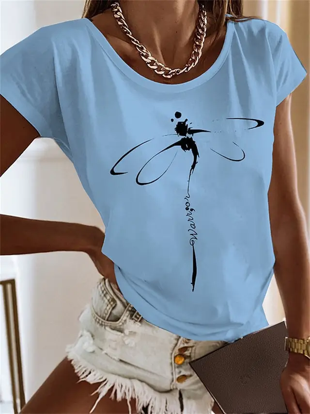Women's Short sleeved T shirt Bamboo Dragonfly 3D Printing Pattern 2 - Shop at LoveMi