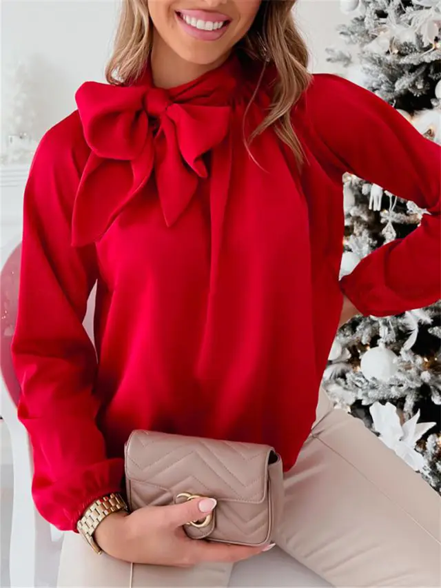 Fashion Bowknot Long Sleeve Shirt For Women Red - Shop at LoveMi