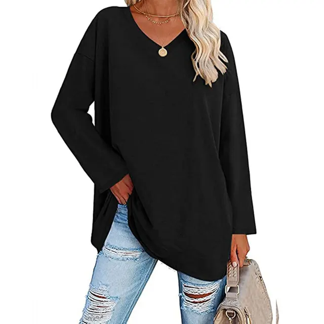 Oversized Women's T shirt Loose Shoulder Sleeve V neck Top Black - Shop at LoveMi