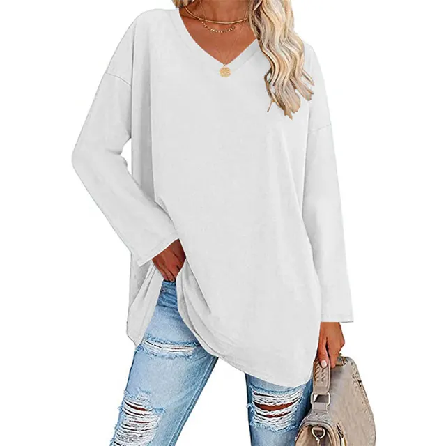 Oversized Women's T shirt Loose Shoulder Sleeve V neck Top White - Shop at LoveMi