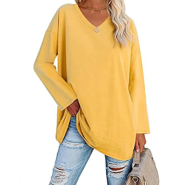 Oversized Women's T shirt Loose Shoulder Sleeve V neck Top Yellow - Shop at LoveMi