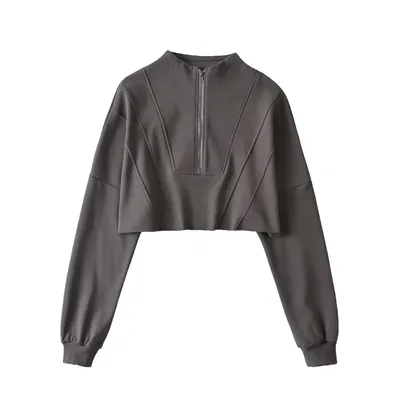 Half Loose Zip Sweater Women's Solid Color Short Dark Gray - Shop at LoveMi