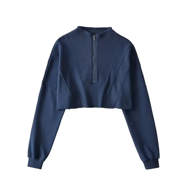 Half Loose Zip Sweater Women's Solid Color Short Navy Blue - Shop at LoveMi