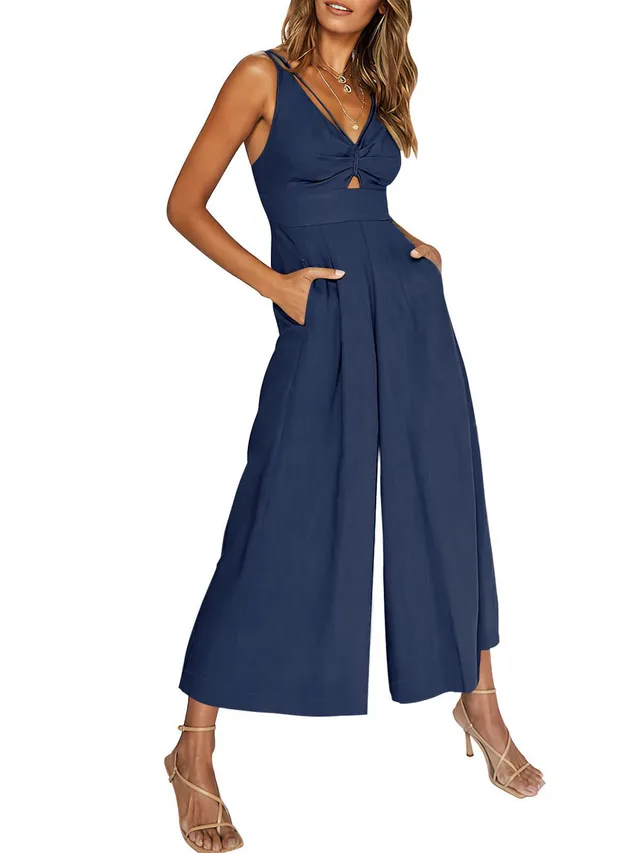 Summer V neck Brace Hollow Out Pleating High Waist Wide Leg Pocket Women's Jumpsuit Blue - Shop at LoveMi