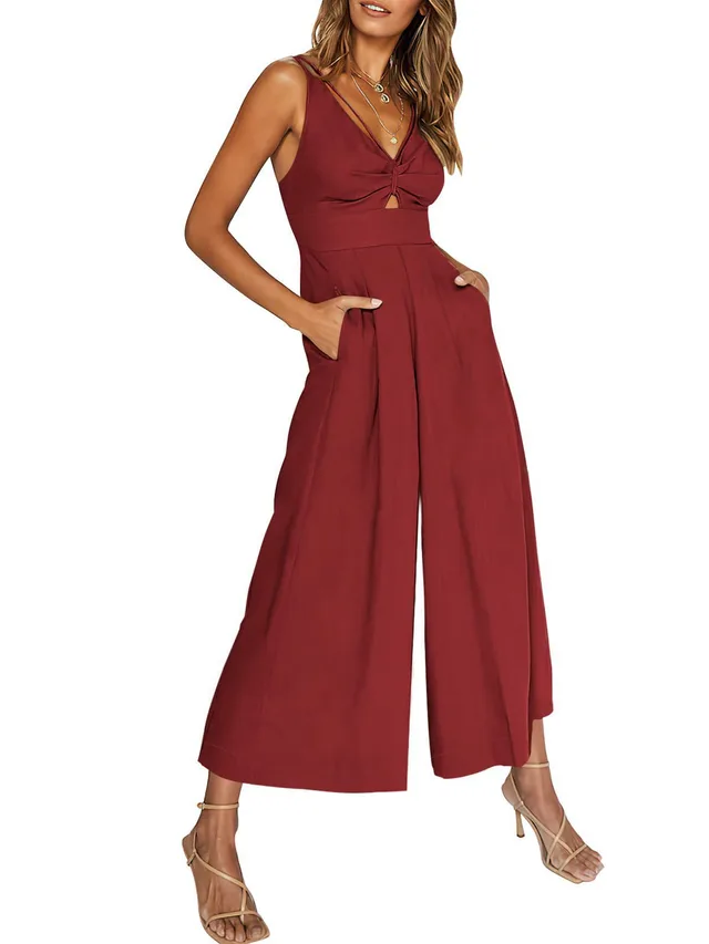 Summer V neck Brace Hollow Out Pleating High Waist Wide Leg Pocket Women's Jumpsuit Dark Red - Shop at LoveMi