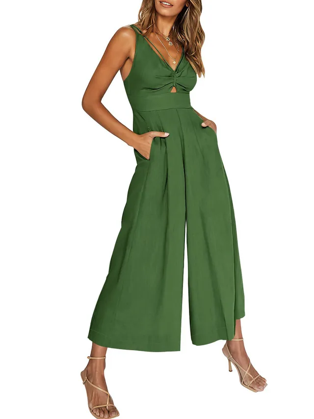 Summer V neck Brace Hollow Out Pleating High Waist Wide Leg Pocket Women's Jumpsuit Green - Shop at LoveMi