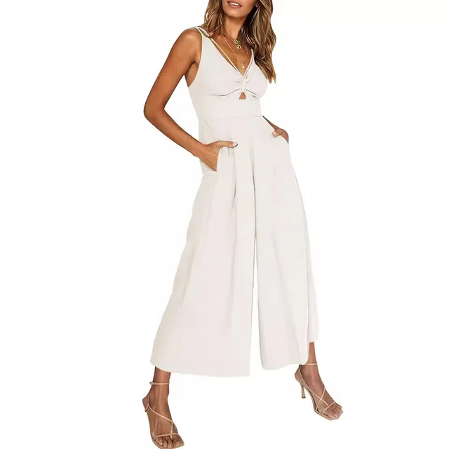 Summer V neck Brace Hollow Out Pleating High Waist Wide Leg Pocket Women's Jumpsuit White - Shop at LoveMi