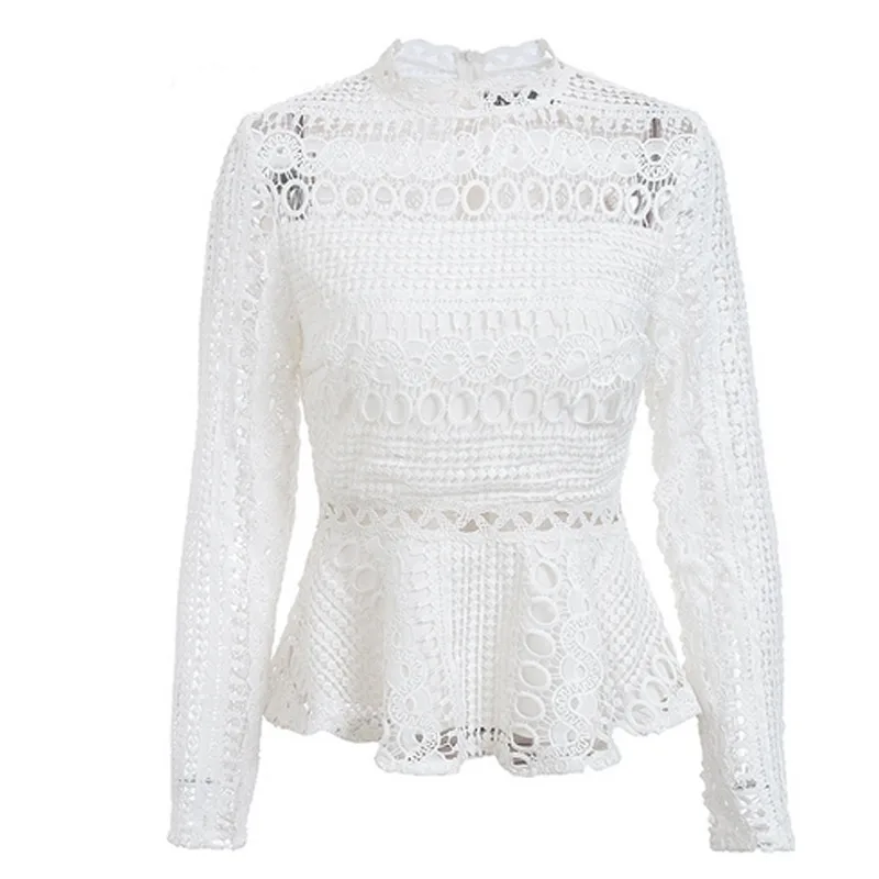 Sweet Crocheted Hollow Long Sleeve White Lace Shirt Top White - Shop at LoveMi