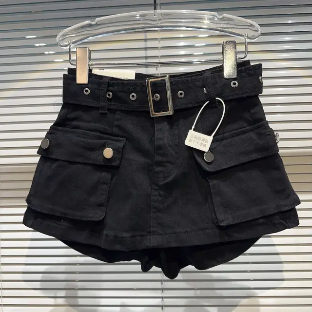Women's Fashionable Retro Large Pocket Belt Pantskirt Skirt Denim Shorts Black - Shop at LoveMi