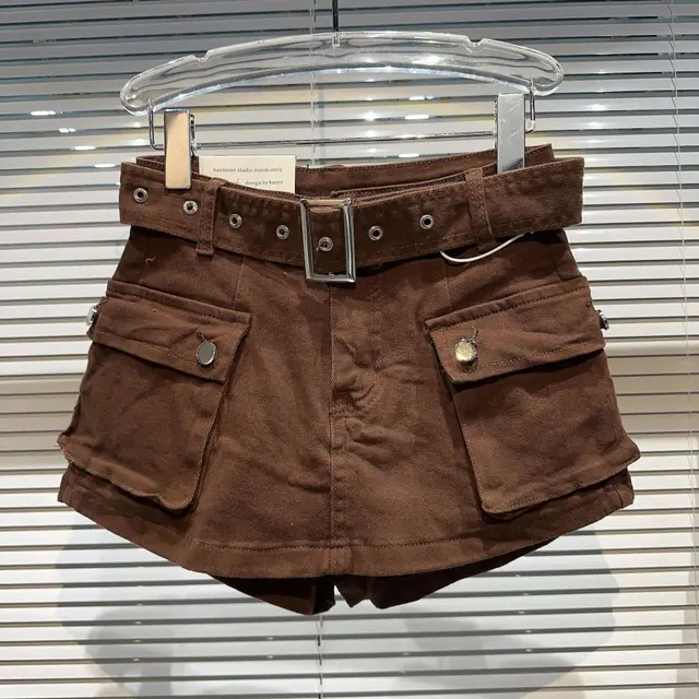 Women's Fashionable Retro Large Pocket Belt Pantskirt Skirt Denim Shorts Coffee - Shop at LoveMi