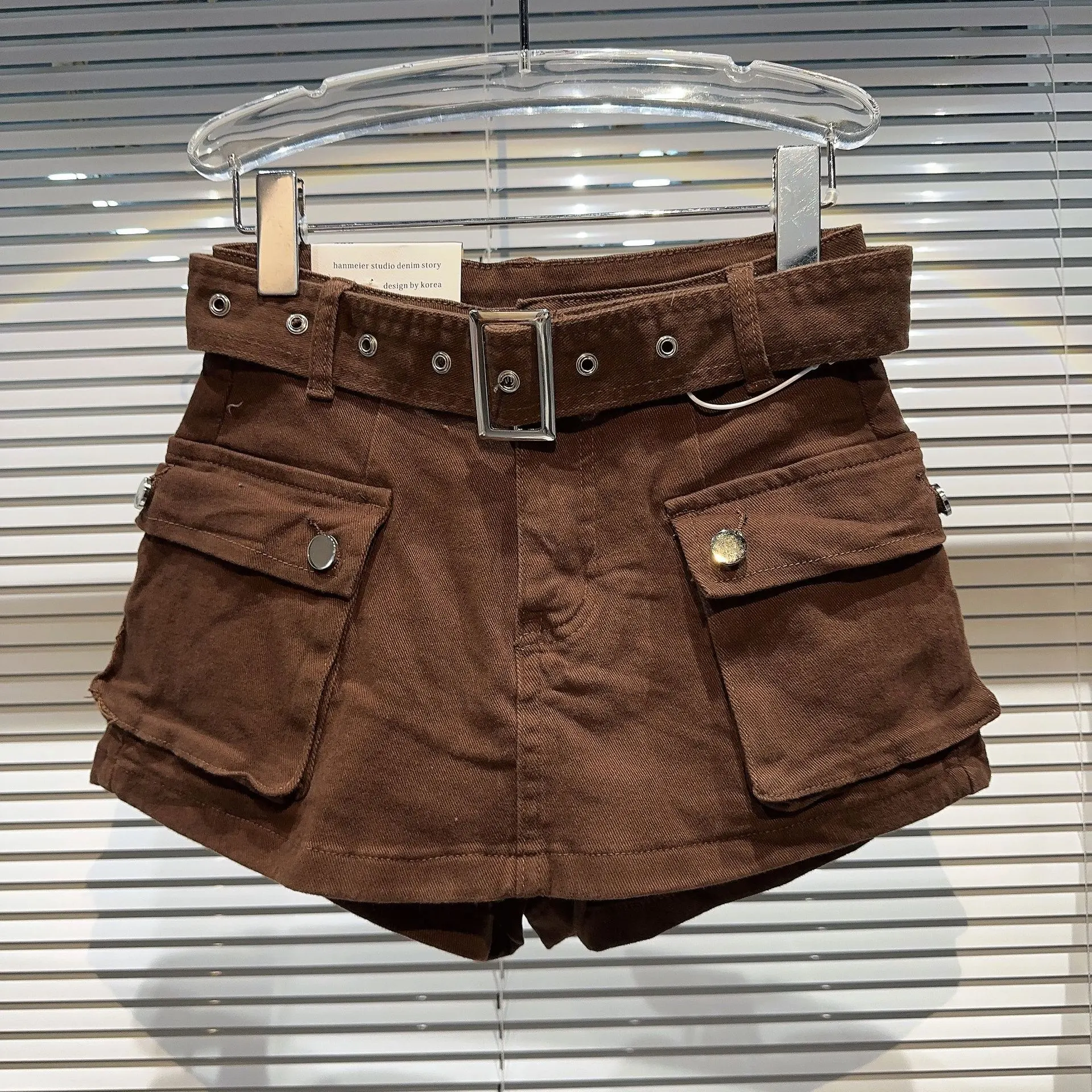 Women's Fashionable Retro Large Pocket Belt Pantskirt Skirt Denim Shorts - Coffee