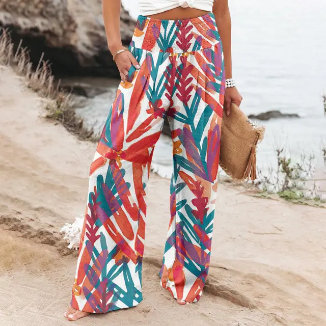 Women's Casual Wide leg Cotton And Linen Printed Loose Trousers 5 Style - Shop at LoveMi