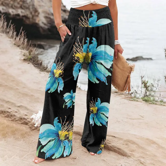 Women's Casual Wide leg Cotton And Linen Printed Loose Trousers 9 Style - Shop at LoveMi