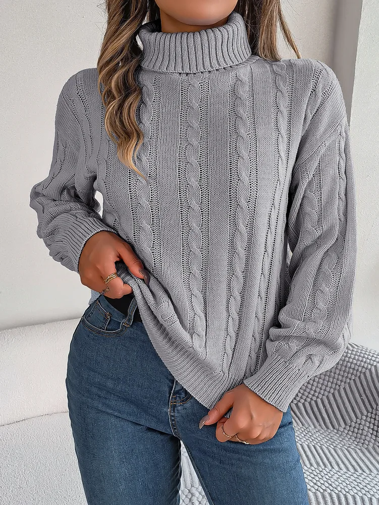 Women's Casual Solid Color Twist Long Sleeve Turtleneck Sweater Gray - Shop at LoveMi
