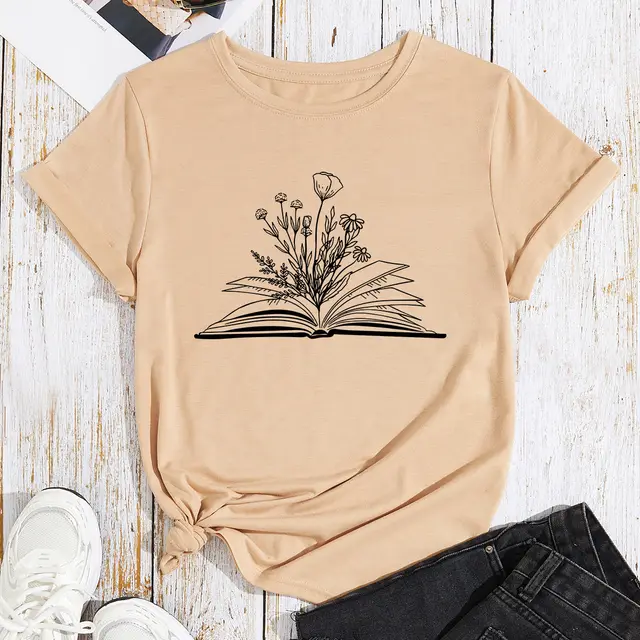Women's Flower Book Print Loose Cotton like Plus Size Round Neck Short Sleeve T shirt For Women Apricot - Shop at LoveMi