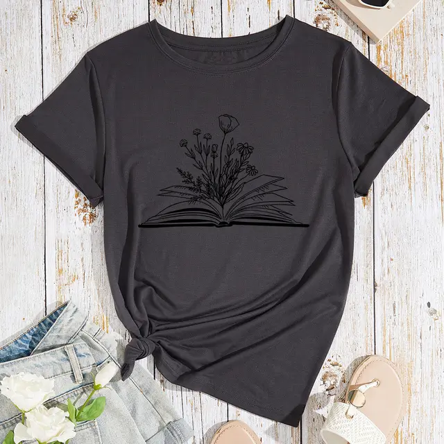 Women's Flower Book Print Loose Cotton like Plus Size Round Neck Short Sleeve T shirt For Women Dark Gray - Shop at LoveMi