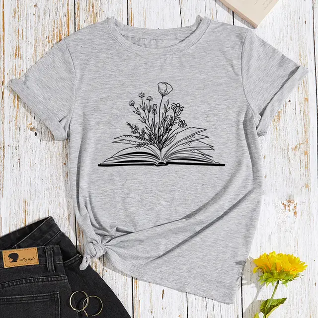 Women's Flower Book Print Loose Cotton like Plus Size Round Neck Short Sleeve T shirt For Women Light Gray - Shop at LoveMi