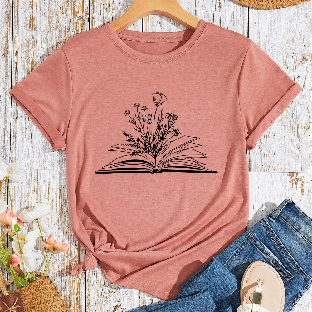 Women's Flower Book Print Loose Cotton-like Plus Size Round Neck Short Sleeve T-shirt For Women - Lotus Pink - View 1