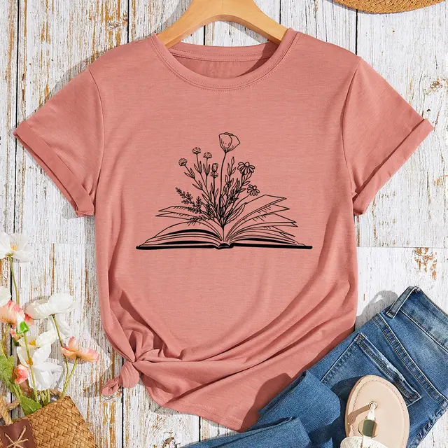 Women's Flower Book Print Loose Cotton like Plus Size Round Neck Short Sleeve T shirt For Women Lotus Pink - Shop at LoveMi