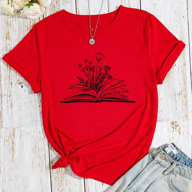 Women's Flower Book Print Loose Cotton like Plus Size Round Neck Short Sleeve T shirt For Women Red - Shop at LoveMi