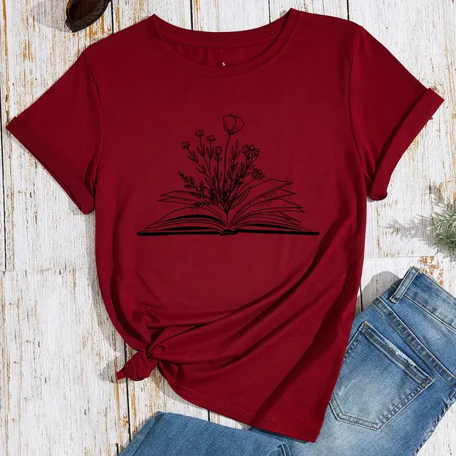 Women's Flower Book Print Loose Cotton like Plus Size Round Neck Short Sleeve T shirt For Women Wine Red - Shop at LoveMi