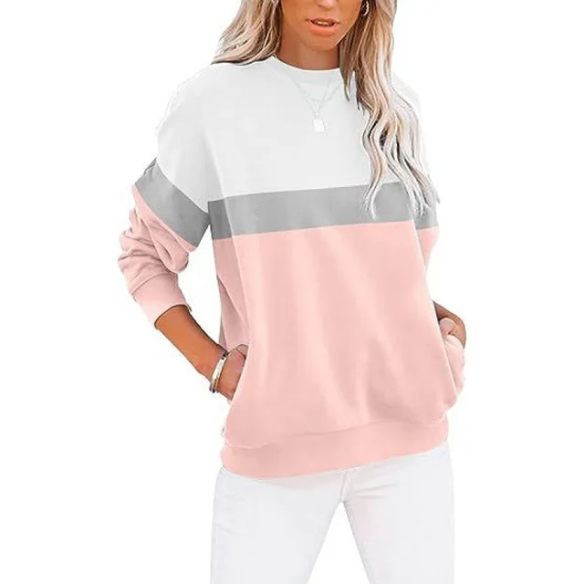 Women's Long Sleeve Color Matching Sports Sweater Round Neck Casual Pullover H Pink - Shop at LoveMi
