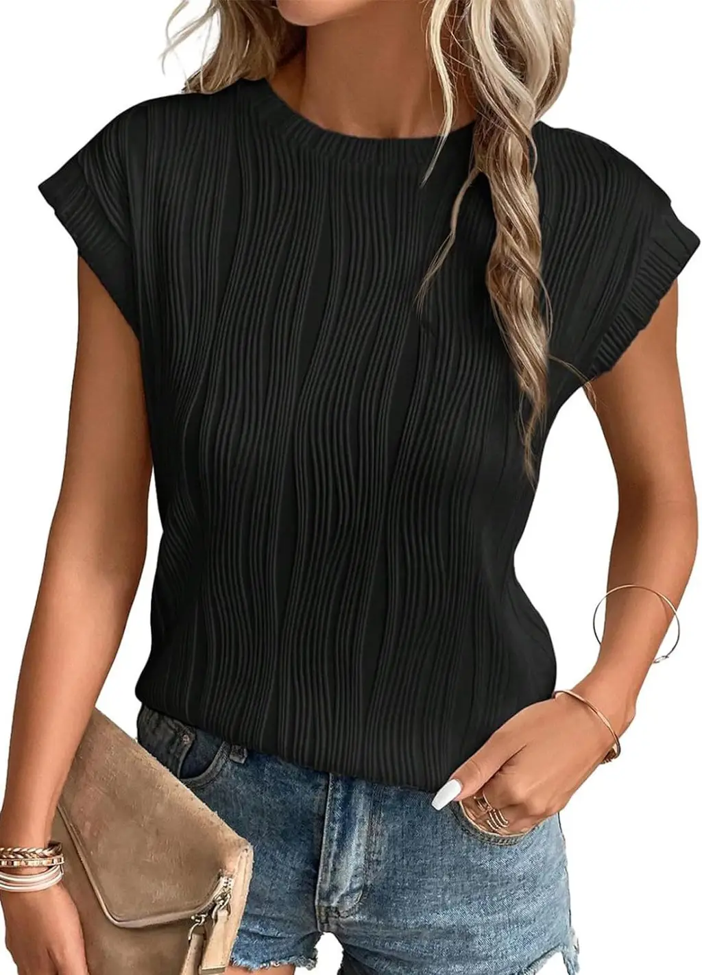 Women's Fashion Tops Round Neck Super Short Sleeve Solid Colour Summer T-shirt - Black