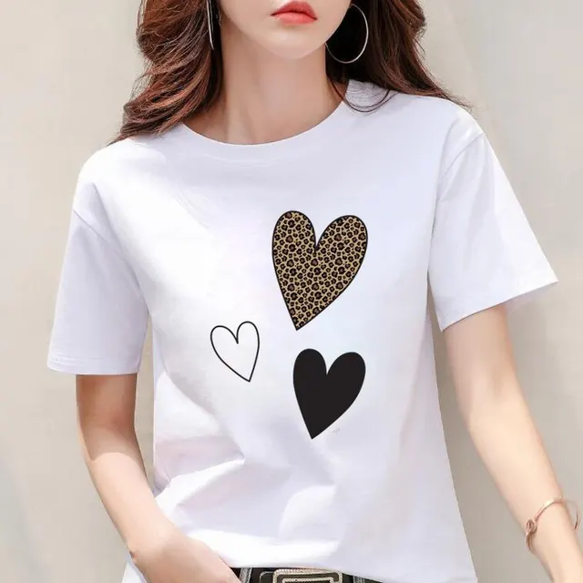 Modal Fabric Women's Leopard Print Heart Printing New Short Sleeve White Nx28212 - Shop at LoveMi