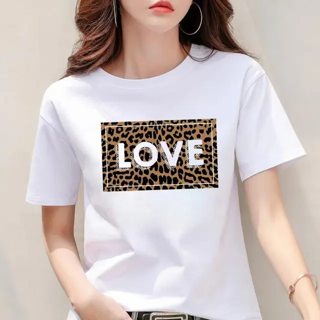 Modal Fabric Women's Leopard Print Heart Printing New Short Sleeve White Nx28213 - Shop at LoveMi