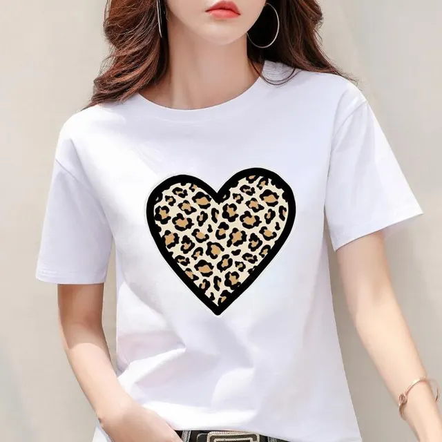Modal Fabric Women's Leopard Print Heart Printing New Short Sleeve White Nx28214 - Shop at LoveMi