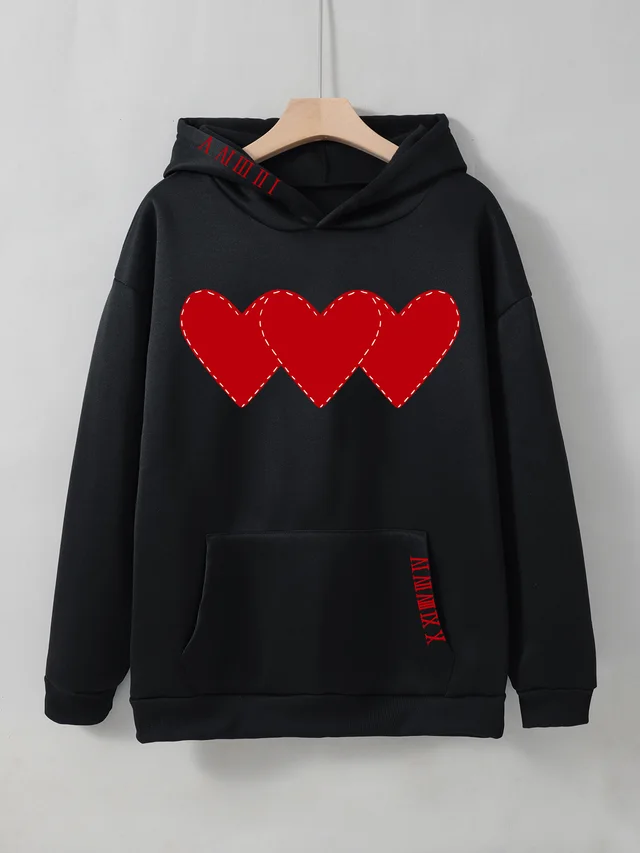 Women's Brushed Hoody Heart Shape Printed Drawstring Hoodie Black - Shop at LoveMi