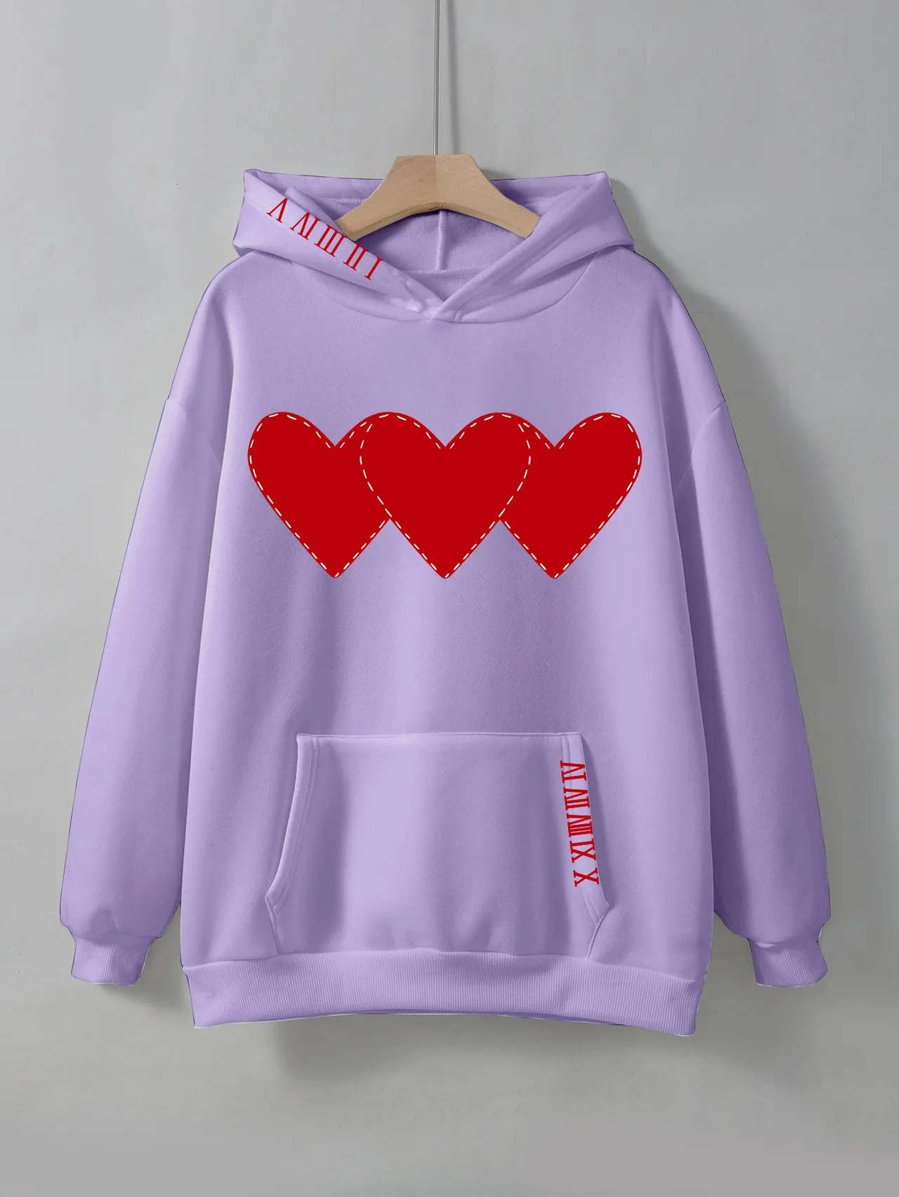Women's Brushed Hoody Heart Shape Printed Drawstring Hoodie - Purple